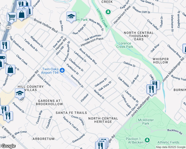 map of restaurants, bars, coffee shops, grocery stores, and more near 1930 Ridge Park St in San Antonio