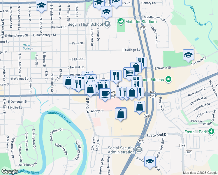 map of restaurants, bars, coffee shops, grocery stores, and more near 105 Delany Street in Seguin