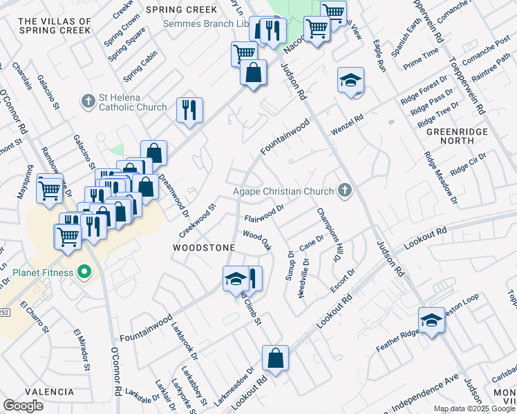 map of restaurants, bars, coffee shops, grocery stores, and more near 14038 Flairwood Street in San Antonio