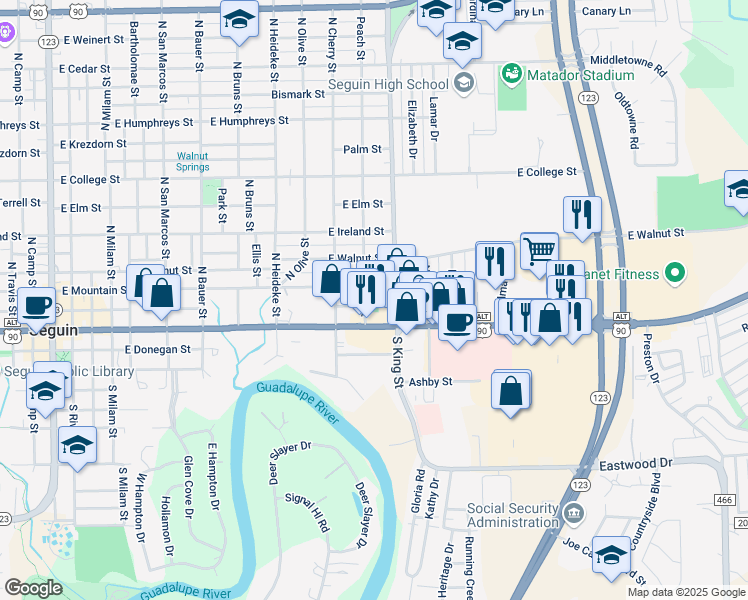 map of restaurants, bars, coffee shops, grocery stores, and more near 112 Peach Street in Seguin