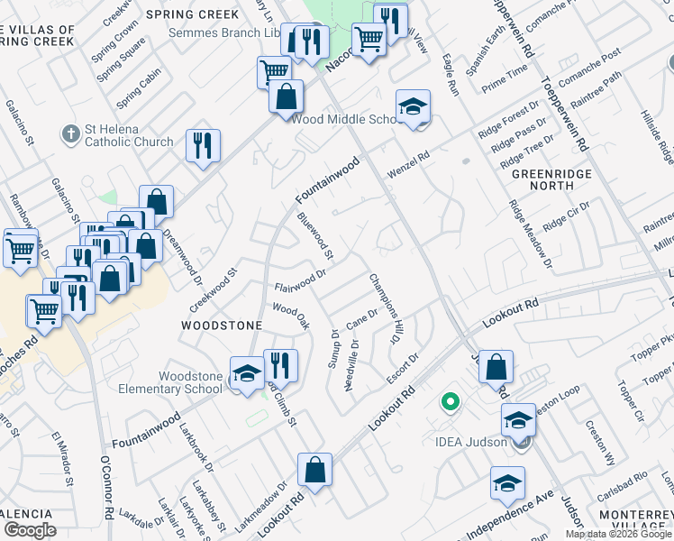 map of restaurants, bars, coffee shops, grocery stores, and more near 13930 Mission Valley in San Antonio