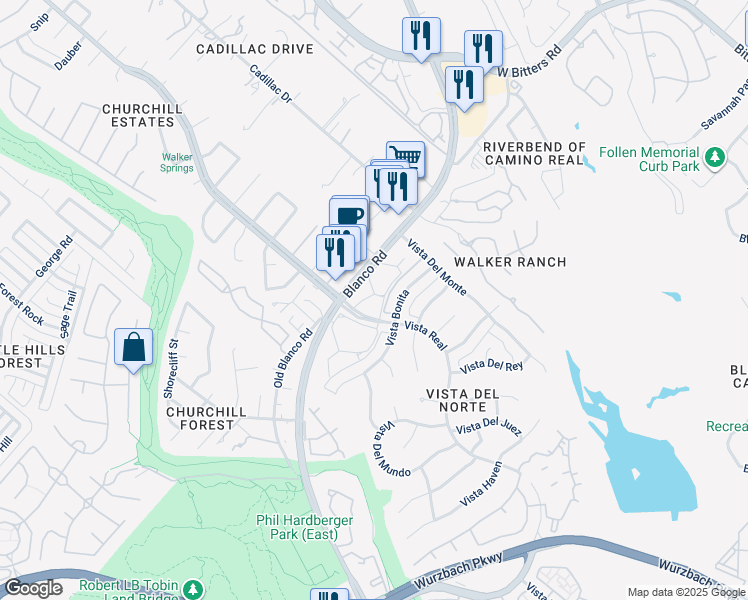 map of restaurants, bars, coffee shops, grocery stores, and more near 13503 Vista Bonita in San Antonio