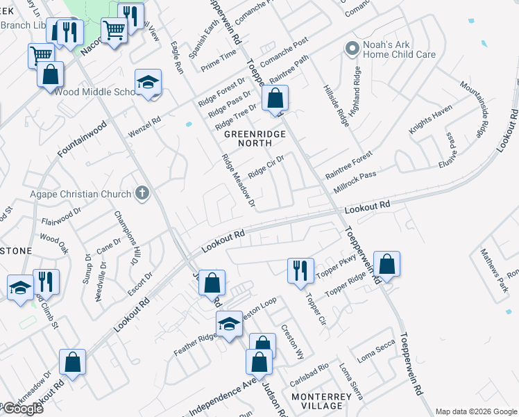 map of restaurants, bars, coffee shops, grocery stores, and more near 6406 Ridge Creek Drive in San Antonio