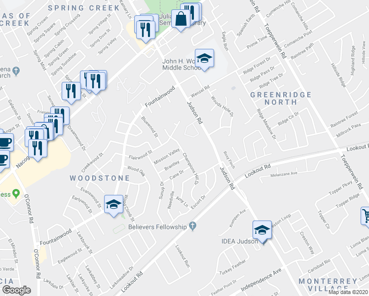 map of restaurants, bars, coffee shops, grocery stores, and more near 13902 Brantley in San Antonio