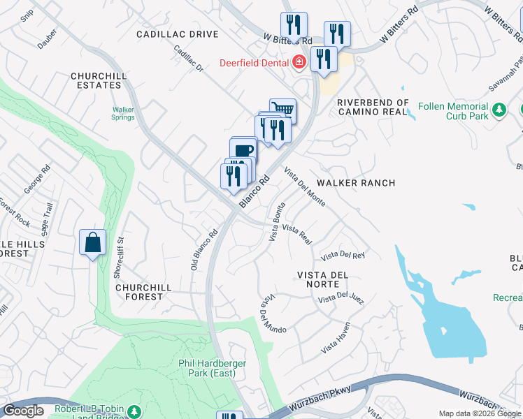 map of restaurants, bars, coffee shops, grocery stores, and more near 13503 Vista Bonita in San Antonio