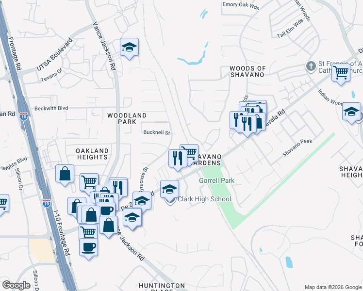 map of restaurants, bars, coffee shops, grocery stores, and more near 4950 De Zavala Road in San Antonio
