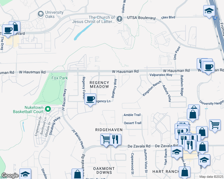 map of restaurants, bars, coffee shops, grocery stores, and more near 6303 Regency Crest in San Antonio