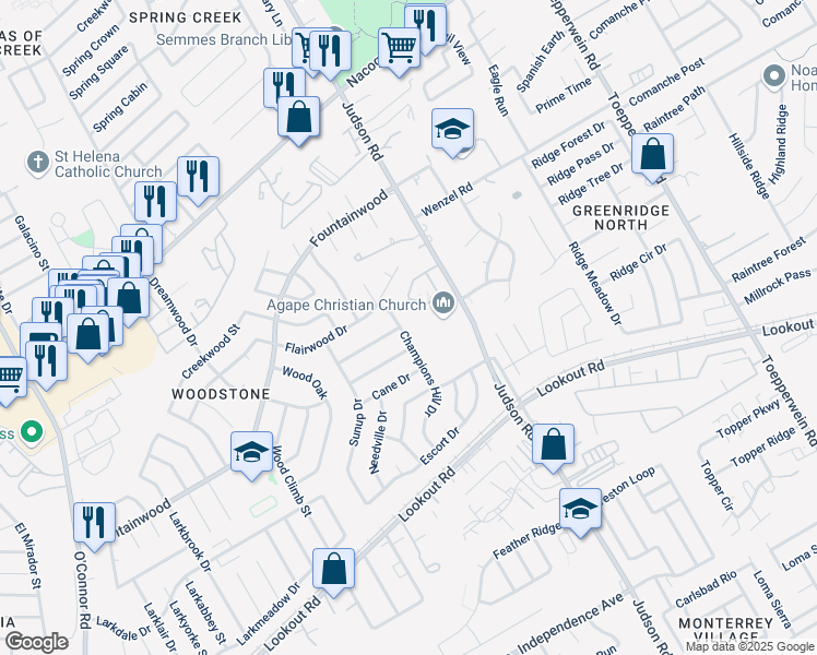 map of restaurants, bars, coffee shops, grocery stores, and more near 5722 Champions Hill Drive in San Antonio