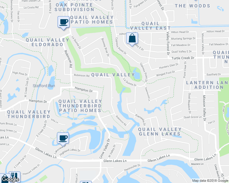 map of restaurants, bars, coffee shops, grocery stores, and more near 3315 Robinson Road in Missouri City