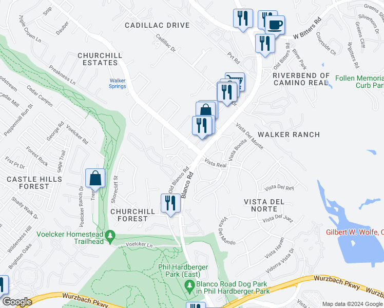 map of restaurants, bars, coffee shops, grocery stores, and more near 13363 Blanco Road in San Antonio
