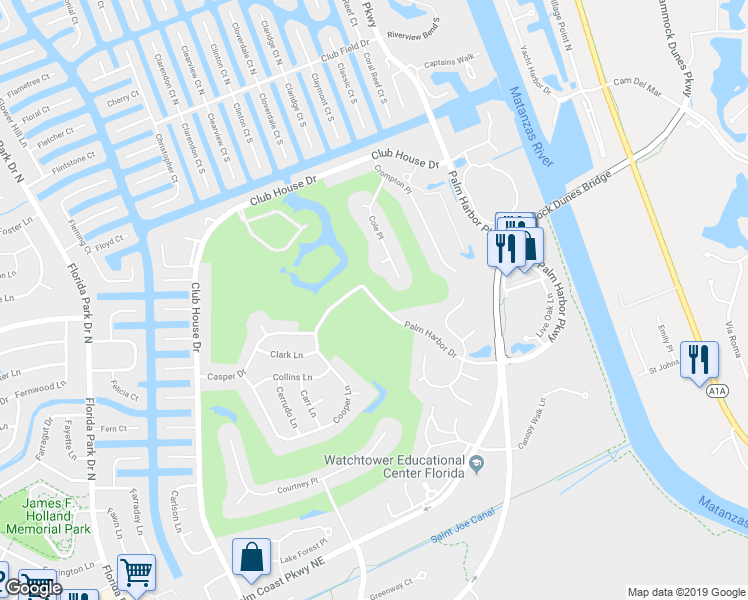 map of restaurants, bars, coffee shops, grocery stores, and more near 100 Palm Harbor Drive in Palm Coast