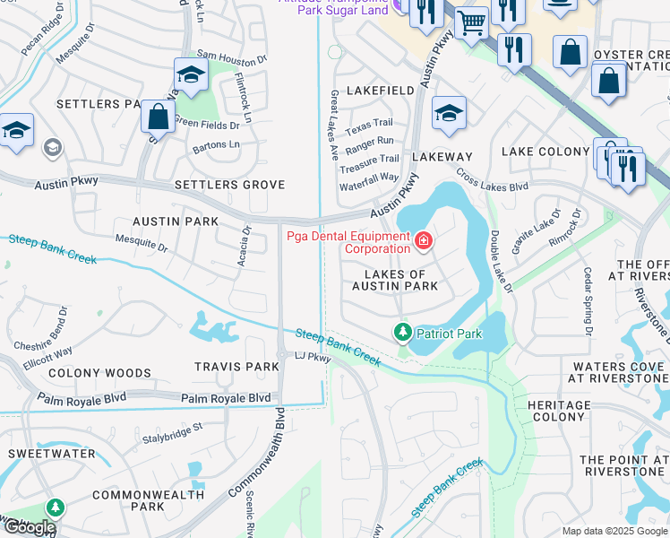 map of restaurants, bars, coffee shops, grocery stores, and more near 3414 Virgin Island Drive in Sugar Land