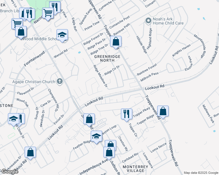 map of restaurants, bars, coffee shops, grocery stores, and more near 6406 Ridge Creek Drive in San Antonio