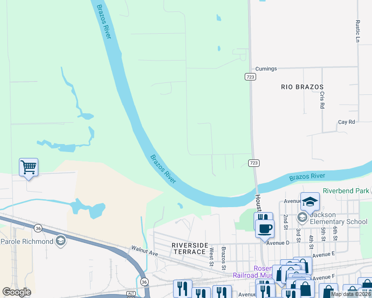 map of restaurants, bars, coffee shops, grocery stores, and more near 407 Baker Road in Rosenberg