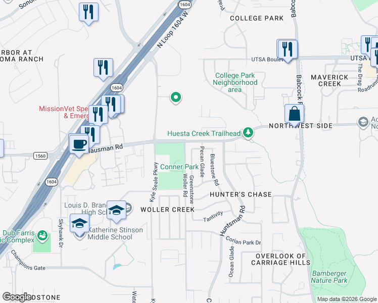 map of restaurants, bars, coffee shops, grocery stores, and more near 13391 Greenstone in San Antonio