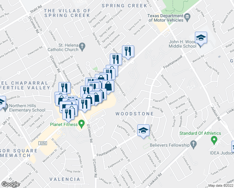 map of restaurants, bars, coffee shops, grocery stores, and more near 14310 Nacogdoches Road in San Antonio