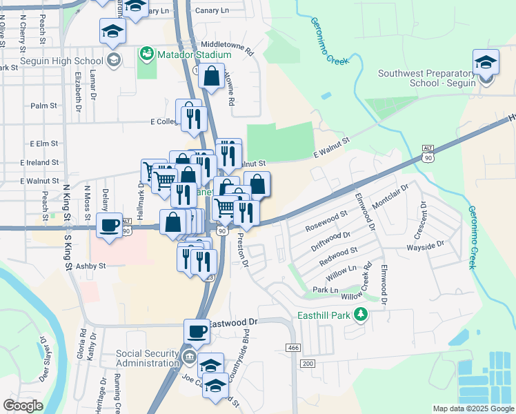 map of restaurants, bars, coffee shops, grocery stores, and more near 1500 East Court Street in Seguin