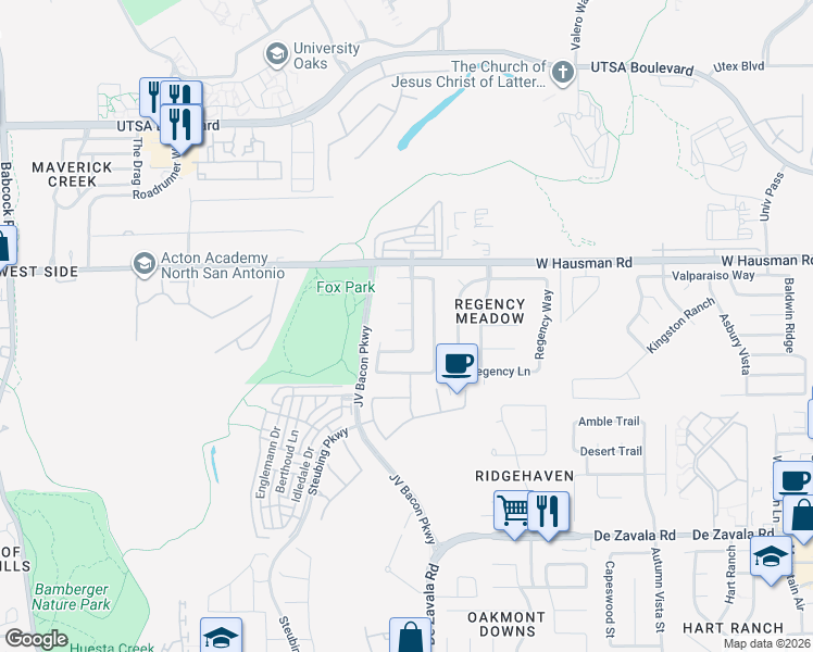 map of restaurants, bars, coffee shops, grocery stores, and more near 6607 Ivywood Drive in San Antonio