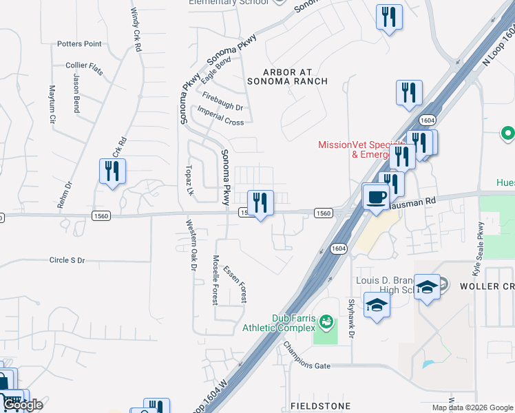 map of restaurants, bars, coffee shops, grocery stores, and more near 13930 Farm to Market Road 1560 in Helotes