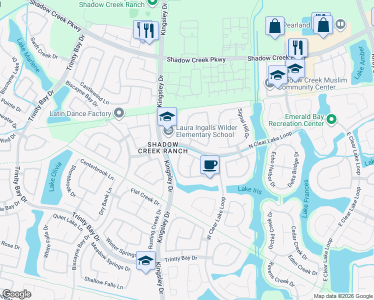 map of restaurants, bars, coffee shops, grocery stores, and more near 12602 Bethany Bay Drive in Pearland