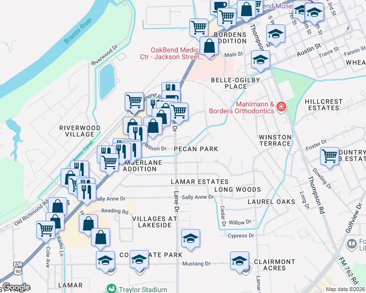 map of restaurants, bars, coffee shops, grocery stores, and more near 1103 Timber Lane in Rosenberg