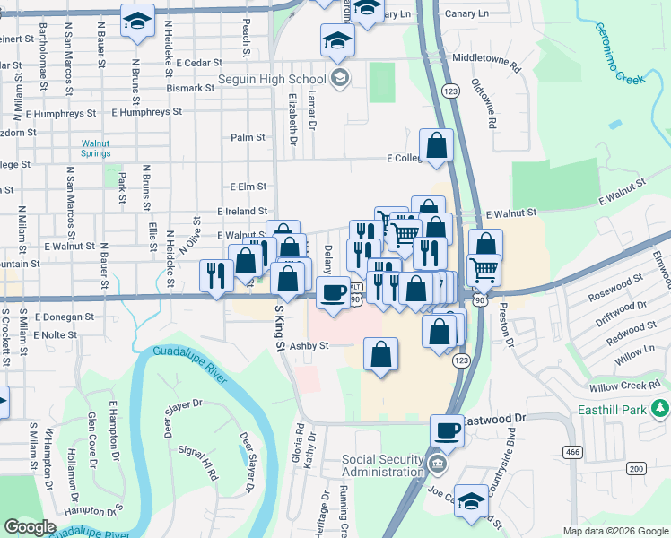 map of restaurants, bars, coffee shops, grocery stores, and more near 105 Delany Street in Seguin