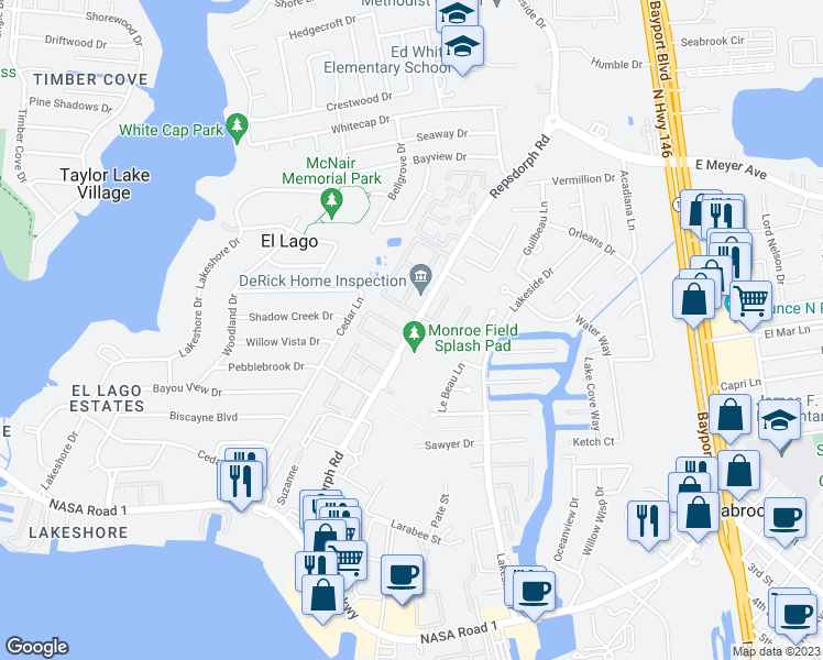 map of restaurants, bars, coffee shops, grocery stores, and more near 2556 Repsdorph Road in Seabrook