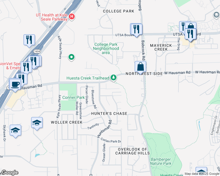 map of restaurants, bars, coffee shops, grocery stores, and more near 7347 Beartrap Lane in San Antonio