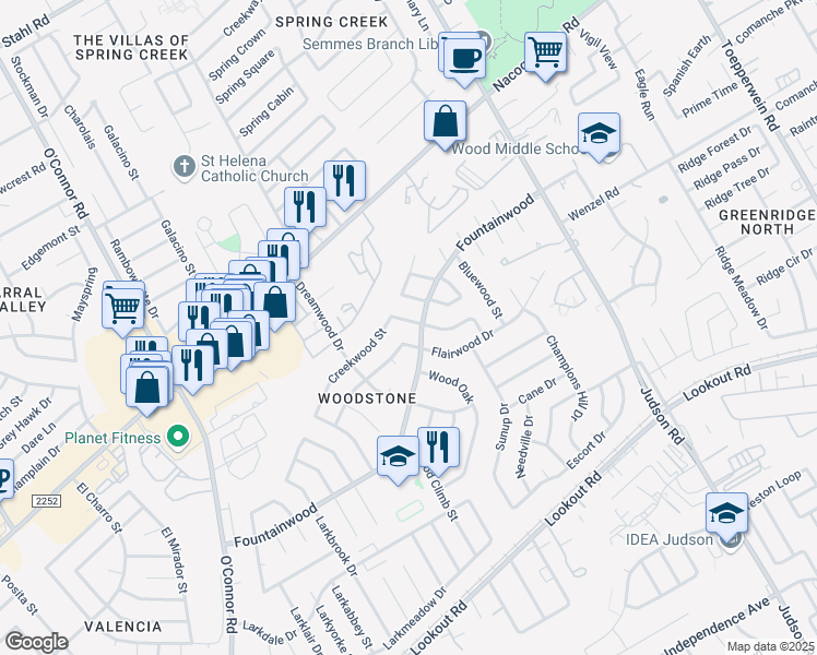 map of restaurants, bars, coffee shops, grocery stores, and more near 14207 Cradlewood Street in San Antonio