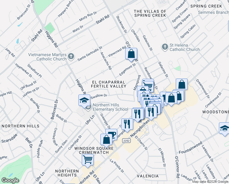 map of restaurants, bars, coffee shops, grocery stores, and more near 5103 Anacacho Street in San Antonio