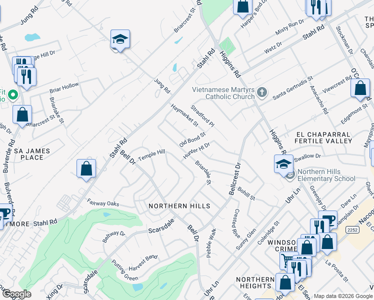 map of restaurants, bars, coffee shops, grocery stores, and more near 4442 Grantilly Street in San Antonio