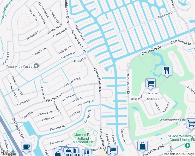 map of restaurants, bars, coffee shops, grocery stores, and more near 60 Florida Park Drive North in Palm Coast