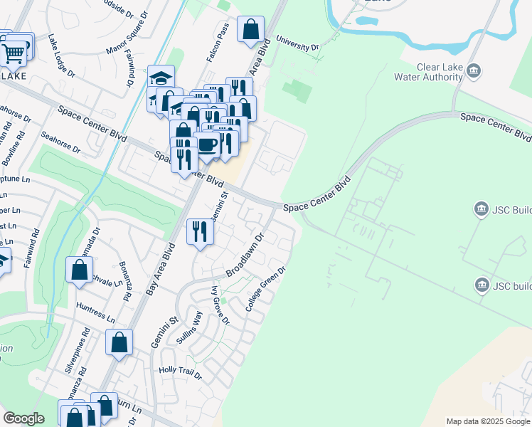 map of restaurants, bars, coffee shops, grocery stores, and more near 16560 Space Center Boulevard in Houston
