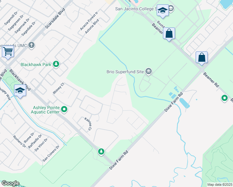 map of restaurants, bars, coffee shops, grocery stores, and more near 12703 Blue Ridge Grace Way in Houston