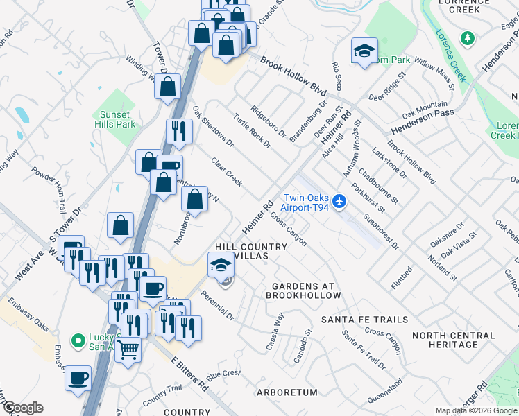 map of restaurants, bars, coffee shops, grocery stores, and more near 14202 Clear Creek in San Antonio