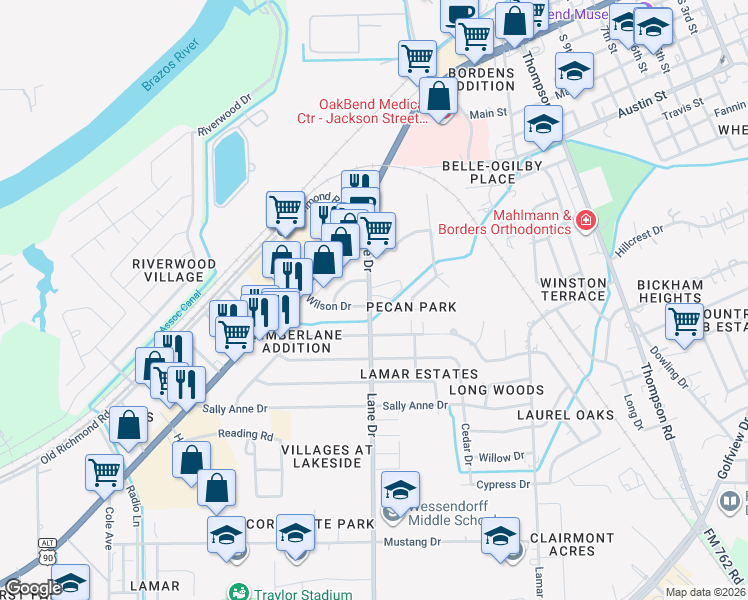 map of restaurants, bars, coffee shops, grocery stores, and more near 1101 Wilson Drive in Rosenberg