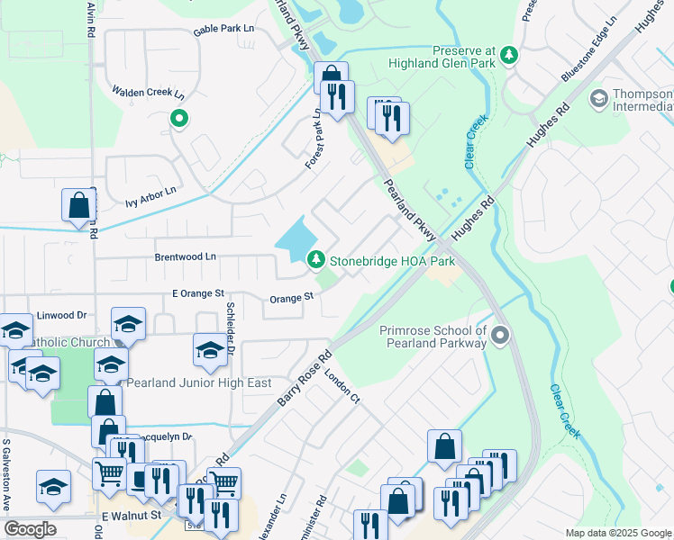 map of restaurants, bars, coffee shops, grocery stores, and more near 2009 Tall Timbers Lane in Pearland