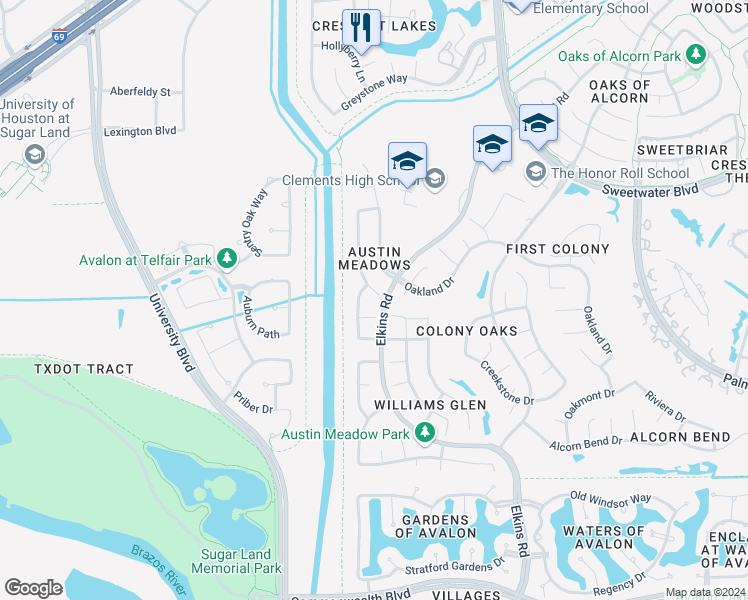 map of restaurants, bars, coffee shops, grocery stores, and more near 2922 Bright Trail in Sugar Land
