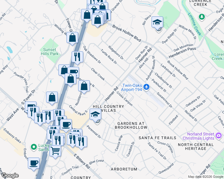 map of restaurants, bars, coffee shops, grocery stores, and more near 14202 Clear Creek in San Antonio