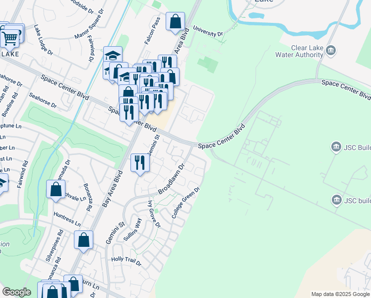 map of restaurants, bars, coffee shops, grocery stores, and more near 16560 Space Center Boulevard in Houston