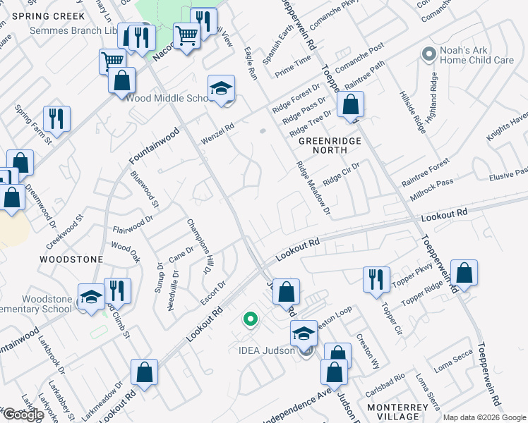 map of restaurants, bars, coffee shops, grocery stores, and more near 14412 Woods Hole Drive in San Antonio
