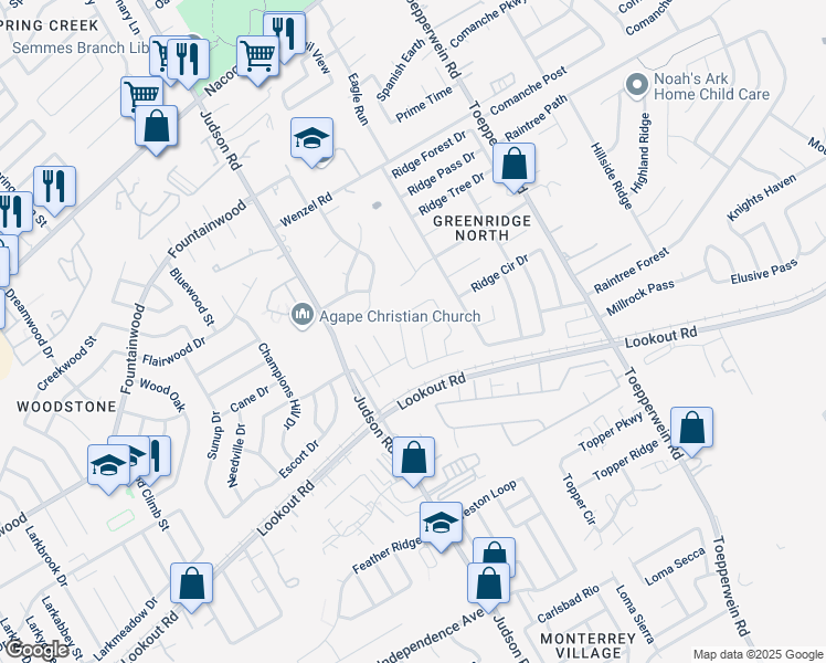 map of restaurants, bars, coffee shops, grocery stores, and more near 14318 Purple Martin in San Antonio