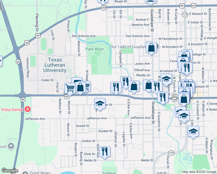 map of restaurants, bars, coffee shops, grocery stores, and more near 320 Clay Street in Seguin
