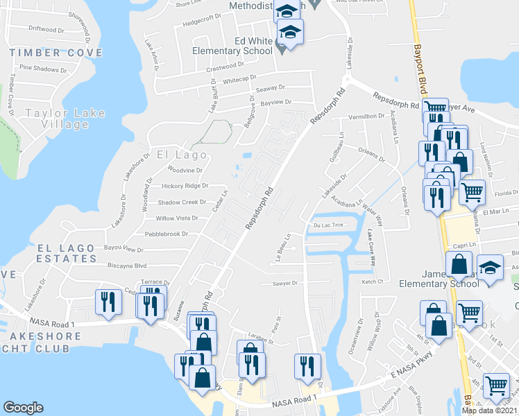 map of restaurants, bars, coffee shops, grocery stores, and more near 2560 Repsdorph Road in Seabrook
