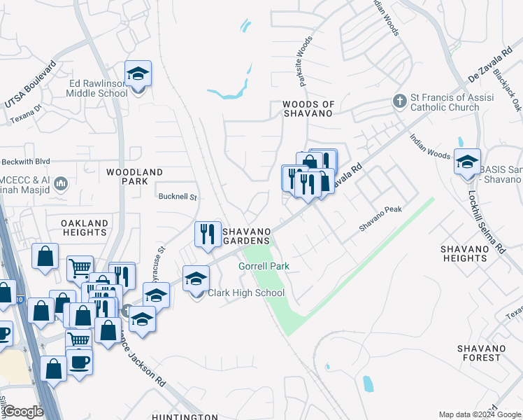 map of restaurants, bars, coffee shops, grocery stores, and more near 4601 De Zavala Road in San Antonio