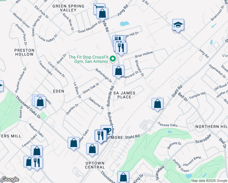 map of restaurants, bars, coffee shops, grocery stores, and more near 3523 Abrazo in San Antonio
