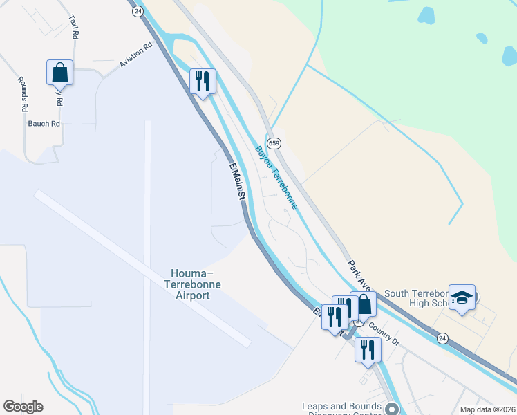 map of restaurants, bars, coffee shops, grocery stores, and more near 10143-10193 E Main St in Houma