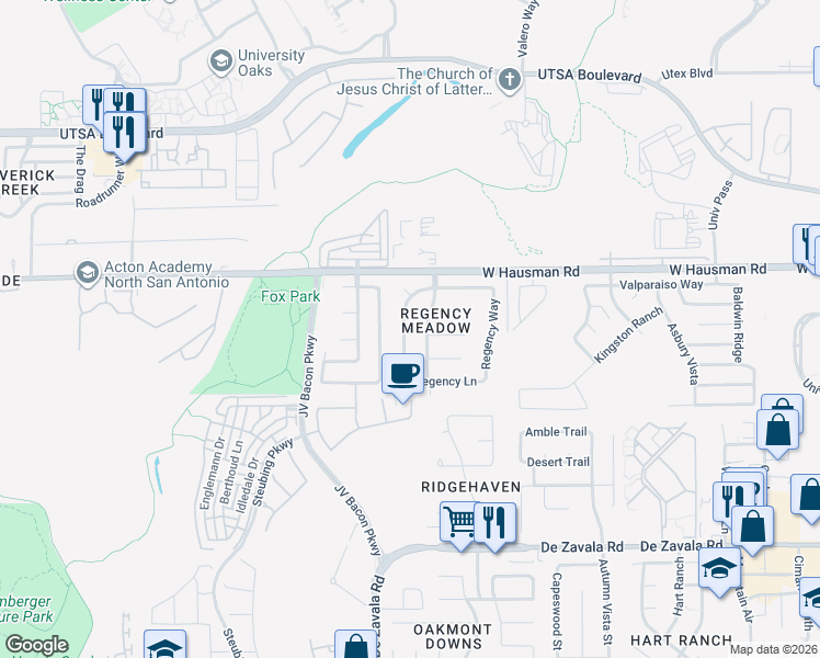 map of restaurants, bars, coffee shops, grocery stores, and more near 13223 Regency Trail in San Antonio