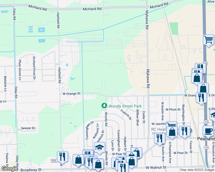 map of restaurants, bars, coffee shops, grocery stores, and more near 5205 West Orange Street in Pearland