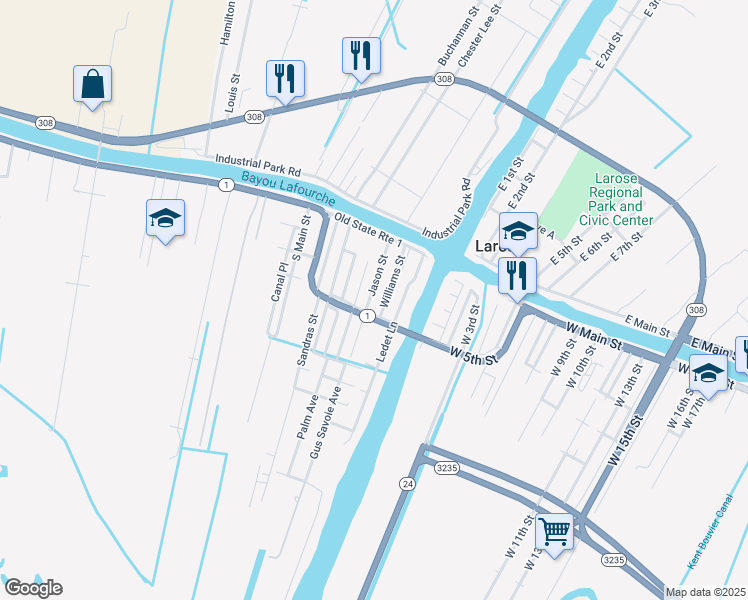 map of restaurants, bars, coffee shops, grocery stores, and more near 101-199 Jason Street in Larose